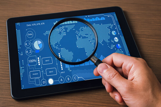 Tablet screen shows digital world map with magnifying glass reinvest analysis data concept