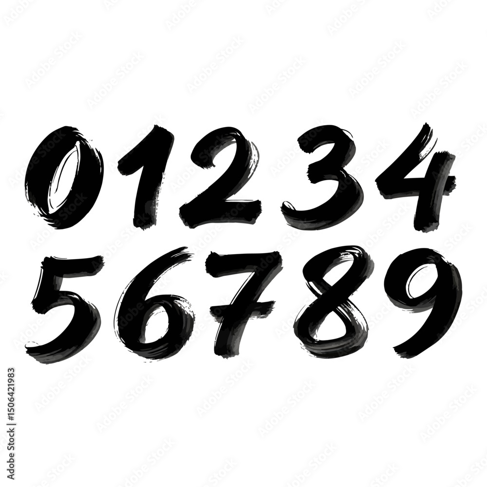 Fototapete numbers set from zero to nine isolated on white background in artistic brush stroke style for graphi
