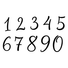 Handwritten black numbers from zero to nine isolated on white background