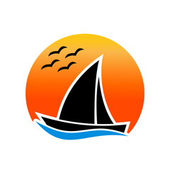 sailing boat with sunset and bird vector logo