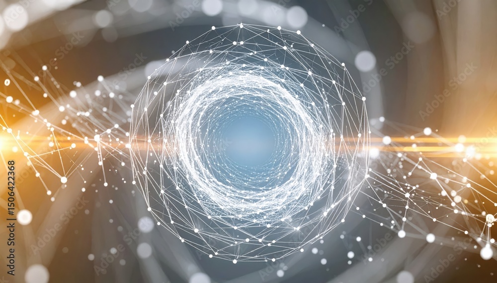Poster futuristic digital network visualization with interconnected glowing nodes forming a central vortex