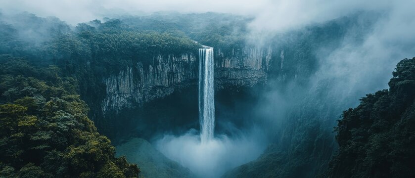 dramatic view of a massive waterfall plunging into a misty canyon surrounded by dense jungle, Generative AI