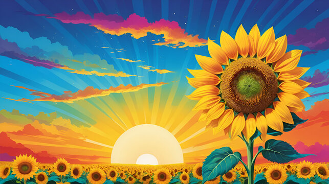 Vibrant Sunflower Blooming on a Color-Spectrum Sky, A Whimsical Illustrative Design