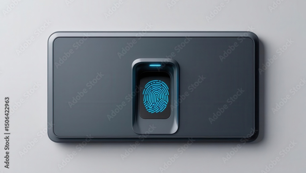 Poster modern fingerprint scanner security device mounted on wall with illuminated fingerprint sensor featu