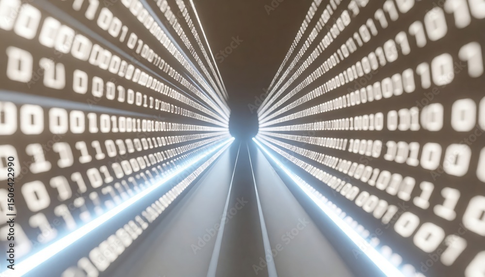 Poster futuristic digital data stream tunnel with glowing binary code and light trails in high-tech concept