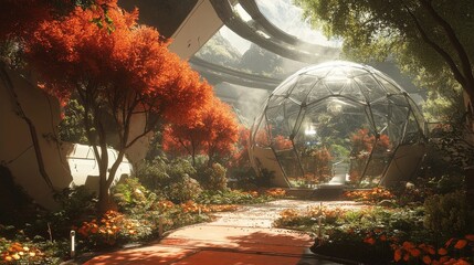 futuristic city under a glass dome on a distant planet, with alien architecture and exotic flora, Generative AI
