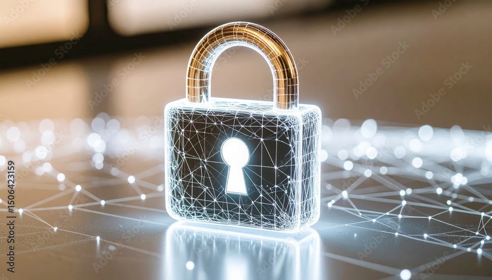 Poster digital lock security concept with virtual data network and secure lock icon in futuristic lighting 