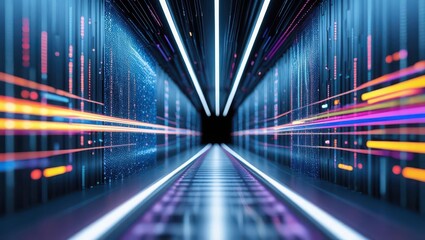 Fototapeta premium Futuristic digital tunnel with vibrant neon lights and dynamic data streams in a sci-fi environment