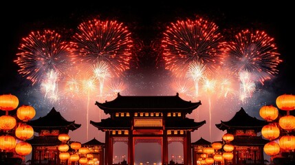 Fototapeta premium Spectacular Chinese New Year with a magnificent fireworks display lighting up the night sky over traditional Chinese architecture and lanterns