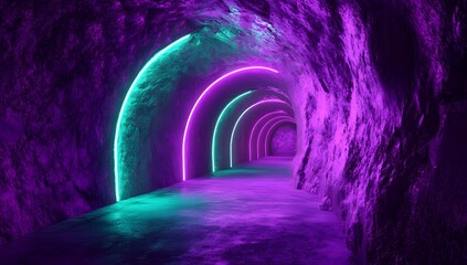 A dynamic and vibrant background of an immersive tunnel with purple and green neon lights creating intricate patterns that dance across the dark backdrop