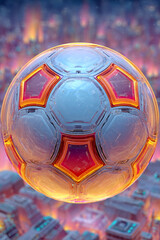 Naklejka premium Futuristic soccer ball with glowing patterns hovers above a vibrant, illuminated cityscape.