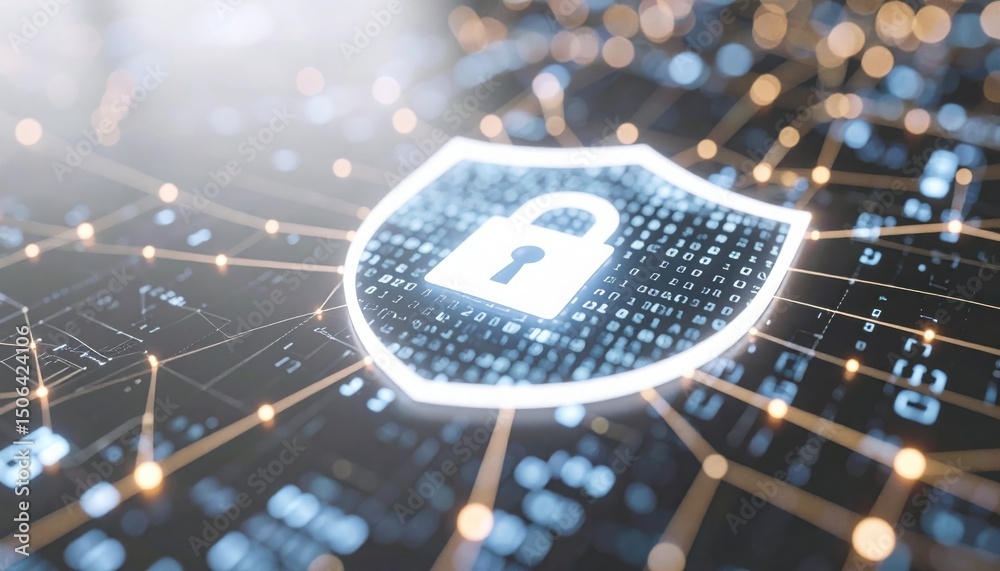 Poster digital security shield with lock symbol representing cybersecurity data protection and encryption t