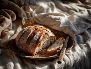 Artisan bread in natural light rustic kitchen food photography cozy atmosphere close-up view culinary delight