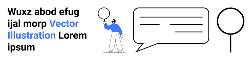 Person holding a balloon, large speech bubble with simple lines, minimal typography. Ideal for communication, dialogue, conversation, messaging, storytelling, visuals simple landing page