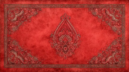 Vintage distressed red bandana background with intricate paisley floral border and symmetrical ornamental embroidery, worn fabric texture in classic western Americana style, empty center space.