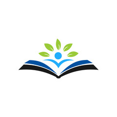 people and leaves on an open book vector logo