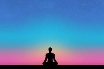 Silhouette of man meditating on yoga mat at gradient sunset. Abstract design for spiritual practice and mental health. Relaxation concept.