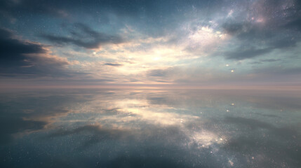 Fototapeta premium Serene Sunset Reflection Perfectly Still Water Mirrors a Dramatic Sky