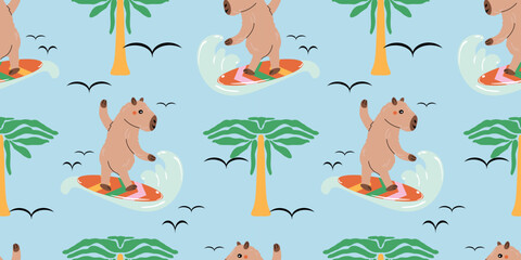 Cartoon Capybara mascot riding a surfboard across rolling waves, surrounded by palm trees. perfect for beachwear, summer merchandise, and any project needing fun coastal vibes.
