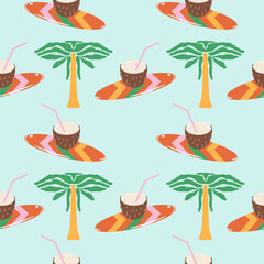 Surf and Palm Seamless Pattern. Tropical Summer Design with Surfboard and Coconut. Retro minimal background.