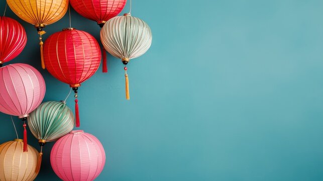 Vibrant and festive Chinese New Year with a display of colorful paper lanterns creating a joyous and auspicious atmosphere