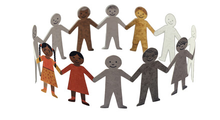 Illustration of Diverse Paper Dolls Forming a Circle Holding Hands on Black Background