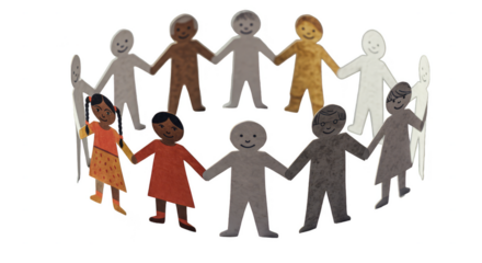 Illustration of Diverse Paper Dolls Forming a Circle Holding Hands on Black Background