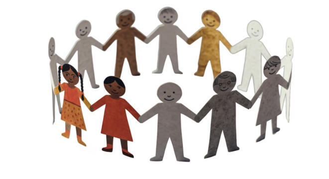 Illustration of Diverse Paper Dolls Forming a Circle Holding Hands on Black Background - Powered by Adobe