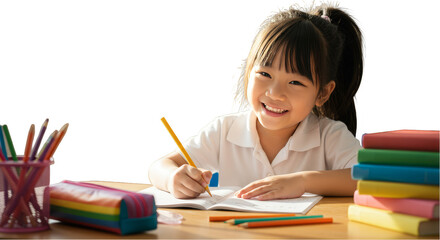 Illustration of Girl Student Studying Homework with Books on Desk PNG