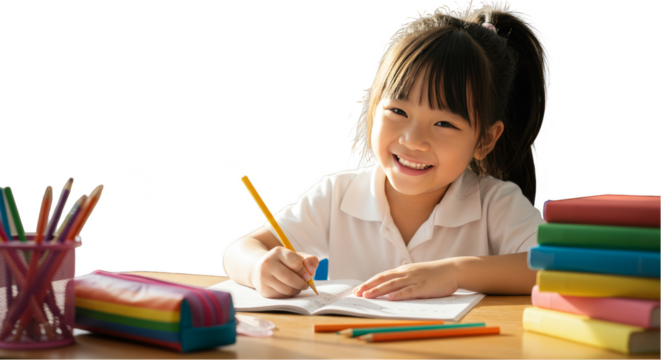 Illustration of Girl Student Studying Homework with Books on Desk PNG