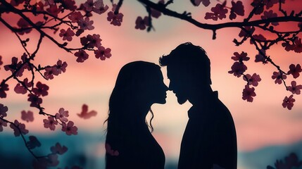 Softfocus silhouette of a kissing couple framed by blooming cherry blossom trees, dreamy pastel palette