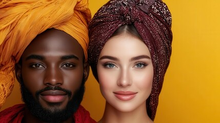 Loving embrace of multicultural wedding couple in traditional outfits, celebrating global love