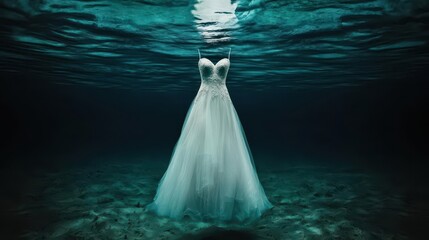 Elegant wedding dress floating underwater, surreal dreamy wedding concept, muted soft tones