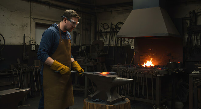 Focused blacksmith shaping glowing metal on anvil in dimly lit workshop