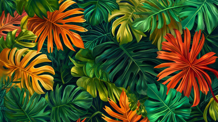 Fototapeta premium Tropical green leaves with flower black background