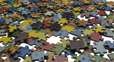 Illustration of Scattered Colorful Puzzle Pieces on Transparent Background