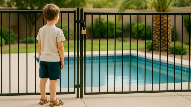 Child in summer clothes observes tranquil water through black metal safety fence with padlock, concept of water safety, protection, and responsible parenting