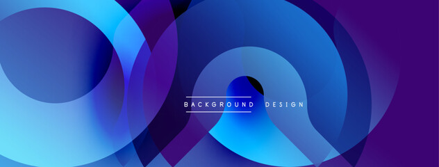 Abstract layers overlap, creating vibrant blue purple gradients. Modern design elements suggest dynamic visual experience.