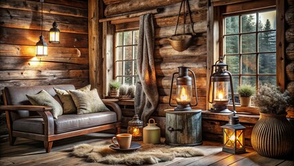 Cozy Rustic Cabin Interior with Warm Lighting and Wooden Accents