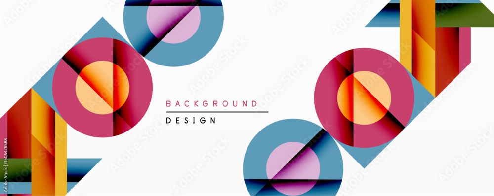 Poster Abstract geometric composition. Overlapping circles, squares, rectangles create dynamic visual effect. Bright colors, modern design, clean aesthetic. Minimalist style.