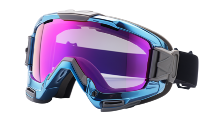 A pair of ski goggles with blue and purple lenses, isolated on transparent background