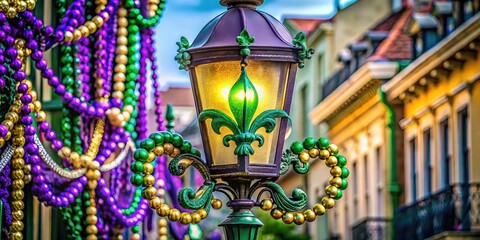 Obraz premium Mardi Gras street lamp adorned with beads, New Orleans