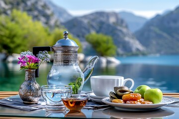 Obraz premium Refreshing Tea Time Overlooking Mountain Lake