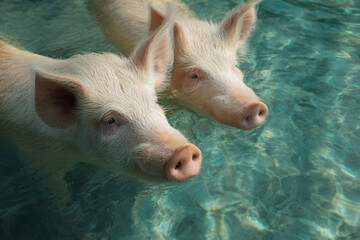 two pigs swimming in a pool of water