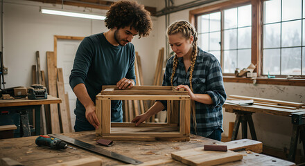 Focused carpenters assembling a wooden frame with precision in a workshop