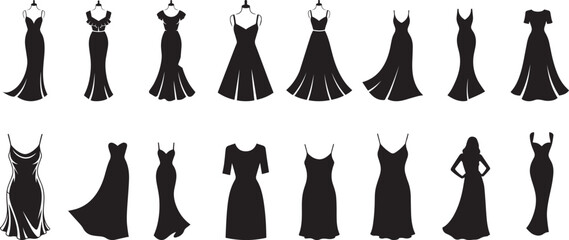 Elegant black dresses fashion silhouettes collection. eps-10