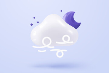 3d moon or crescent with windy rainy night. Luna element is fluffy cumulus shapes. Glossy crescent with stars on weather forecast. 3d windy on cloud  in moon icon vector render illustration
