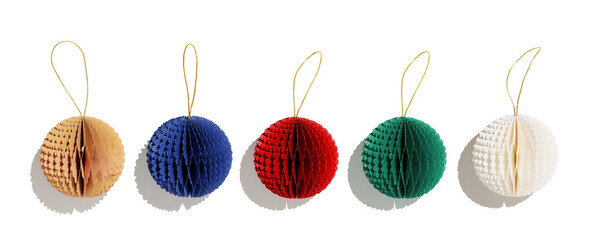 Set of Paper Christmas ornaments, colorful New year balls isolated white background, sunlight shadow. Red green beige blue Christmas paper baubles winter holiday xmas decor, Honeycomb style, top view