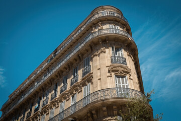 Traditional french architecture typical building view against the blue sky in Marseille France