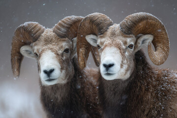 two rams standing in the snow with their horns up